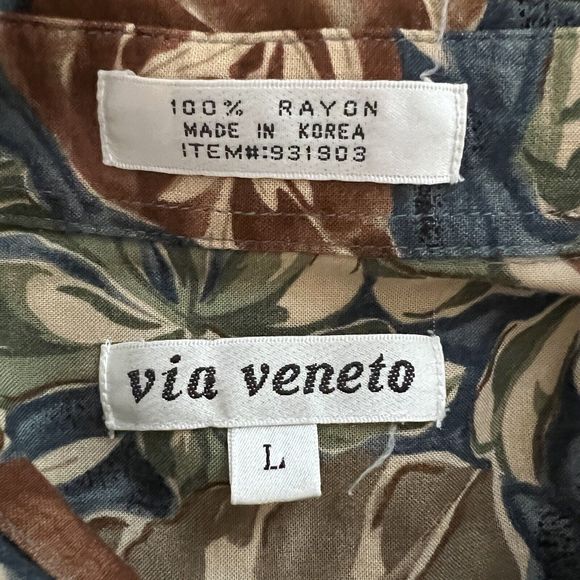 Via Veneto Shirt Mens Large Green Tan Floral Hawaiian Tropical Vacation Cruise - Picture 5 of 6